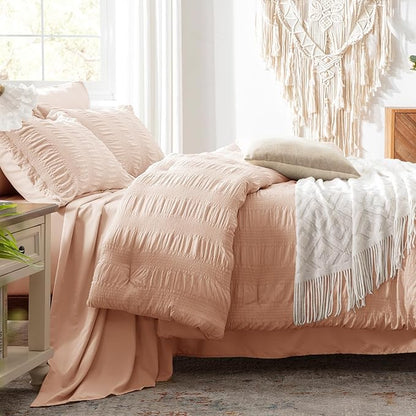 Zzlpp King Comforter Set 7 Pieces, Pink Seersucker Bed in a Bag with Comforter and Sheets, All Season Bedding Sets with 1 Comforter, 2 Pillow Shams, 2 Pillowcases, 1 Flat Sheet