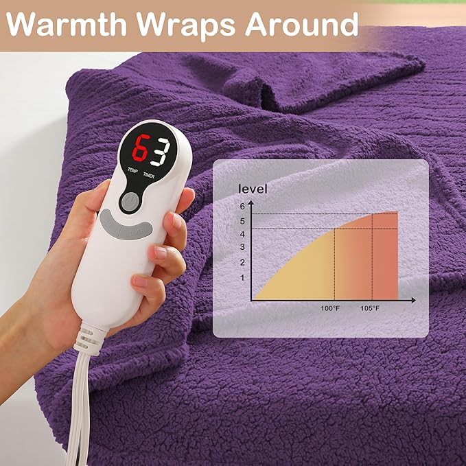 Electric Heated Blanket Full Size 72"×84" with 9 Heating Levels & 1-10Hs Auto Off，Double Sided Plush Sherpa, Energy Efficient, Machine Washable, for Couch & Bed, Dark Purple