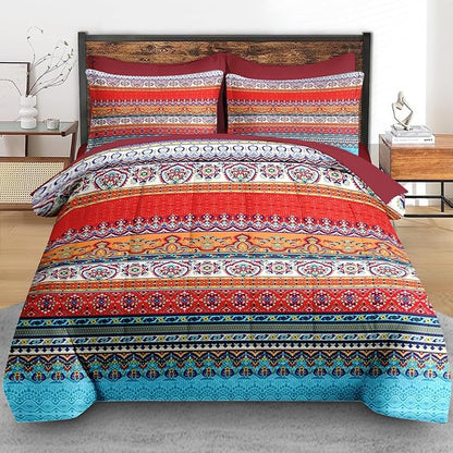 Comforter Set Full Size, Vintage Paisley Leaf Floral 7 Pcs Bedding for Kids and Adults, Ethnic Geometric Flower Bed Sheet Sets with Fitted Sheet 2 Pillowcases & 2 Shams