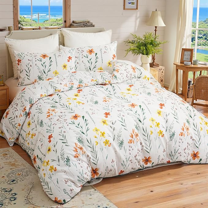 Floral Comforter Set Queen Size, 100% Nature Cotton 3 Pcs Garden Floral Aesthetic Bedding Set Ultra Soft&Breathable Cottagecore Botanical Comforter
