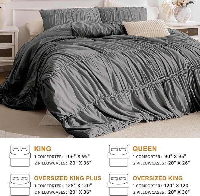 Masaca Grey Queen Comforter Set(90"x95"),Ruched Shabby Boho Chic Bedding Comforter Set,Vintage Gray Textured Ruffle Comforter for Queen Bed Fluffy Aesthetic Farmhouse Bedding 3 Pieces