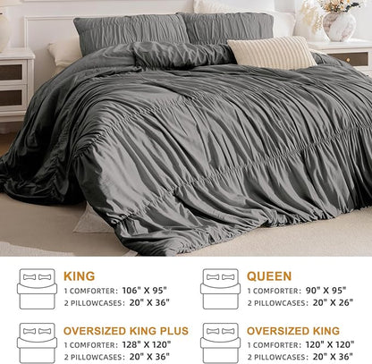 Masaca Grey Queen Comforter Set(90"x95"),Ruched Shabby Boho Chic Bedding Comforter Set,Vintage Gray Textured Ruffle Comforter for Queen Bed Fluffy Aesthetic Farmhouse Bedding 3 Pieces