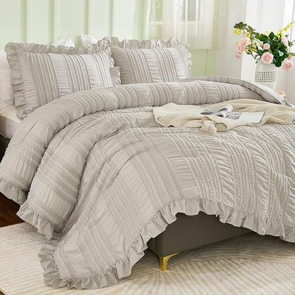 WONGS BEDDING Grey Textured Comforter Set King,3 Pieces Ruffle Farmhouse Shabby Chic Comforter for King Bed,Soft Seersucker Boho Bedding Set with 1 Ruffle Comforter,2 Tufted Pillowcases 104"×90"