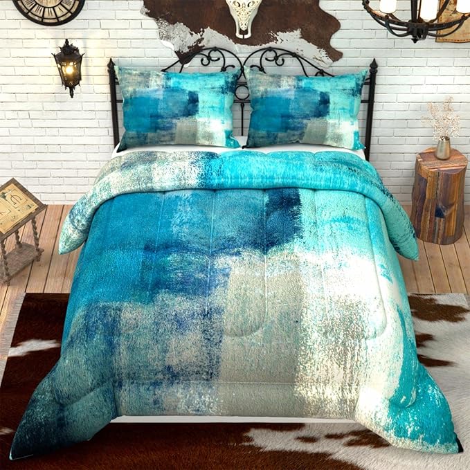 Teal Grey Comforter Sets for Kids Adults,3D Pattern with Bright Colors,Decorative Bedding Comforter Sets with 2 Pillow Shams, Queen Size