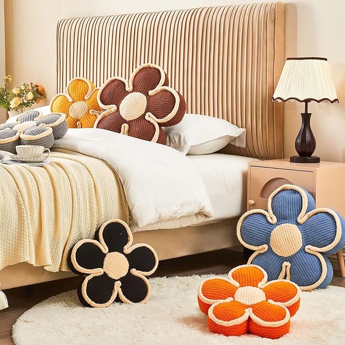 Flower Pillow, Soft Shaped Floor Cushion, Decorative Throw Pillow, Cute Seating Cushion, Plush Pillows for Sofa Couch Bed (17.7 Inch, Orange)