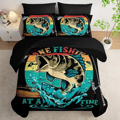 Big Pike Fish Comforter Set Twin Size 7 PCS,Bass Fishing Comforter Set for Boys Girls Children Fishing and Hunting Room Decor,Microfiber Lightweight All Season