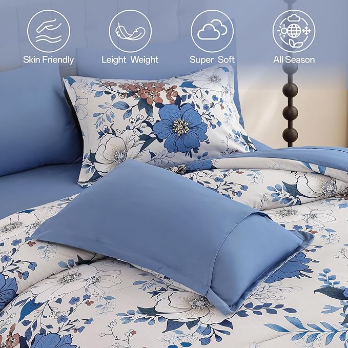 Xruibed Blue Floral Comforter Set King Size 7 Pieces Bed in a Bag Flower Comforter Set with Sheet, Pillowcases, Pillowshams, Soft Microfiber Bedding Set for All Season (King 104''x90'')