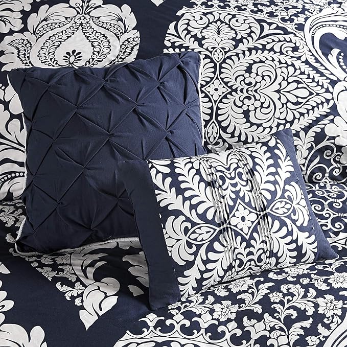Madison Park Vienna Sateen Cotton Comforter Set, Breathable, Soft Cover, Trendy, All Season Down Alternative Cozy Bedding with Matching Shams, Queen, Indigo 7 Piece