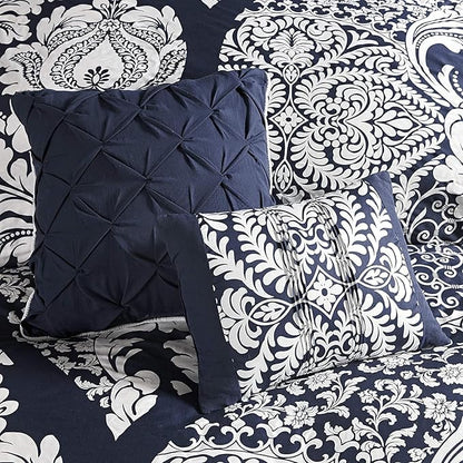 Madison Park Vienna Sateen Cotton Comforter Set, Breathable, Soft Cover, Trendy, All Season Down Alternative Cozy Bedding with Matching Shams, Queen, Indigo 7 Piece