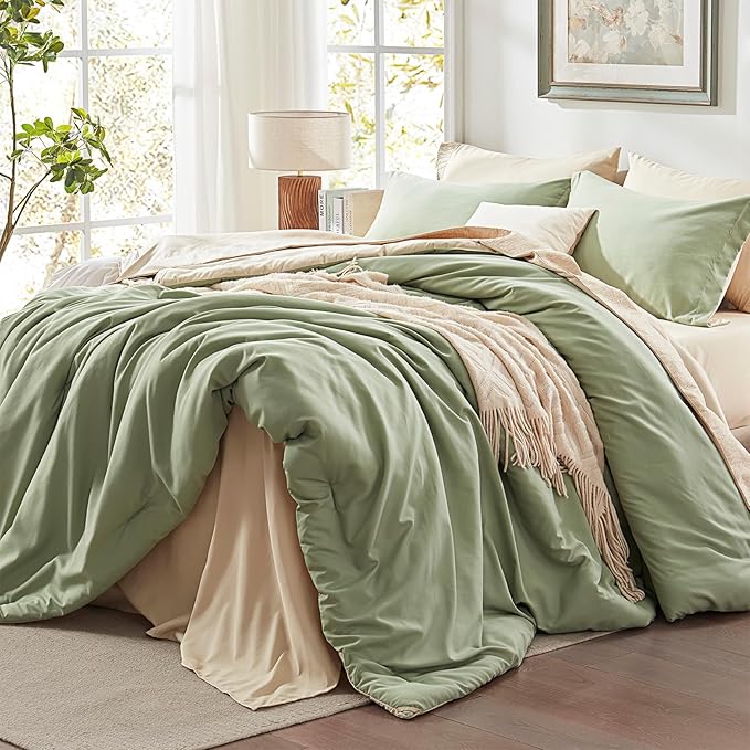 Anluoer Queen Size Bed in a Bag 7 Pieces, Sage Green Bed Set with Comforter, Pillow Shams, Pillowcases, Flat Sheet, Fitted Sheet