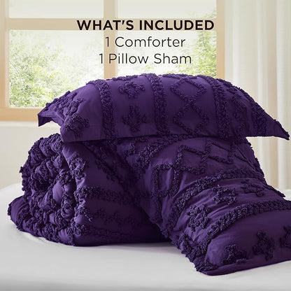 Bedsure Tufted Boho Comforter Set Twin Size - Purple Boho Bed Set, GentleSoft™ 2 Pieces Farmhouse Shabby Chic Embroidery Bedding, Gifts for Woman, Soft Jacquard Twin Comforter for All Seasons