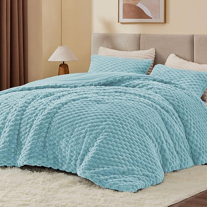 BEDELITE Fluffy King Size Comforter Set - Dusty Blue Fleece Soft Comforter for King Size Bed, Luxury Warm Bedding Set for Winter, Fuzzy Bed Set 3 Pieces (1 Comforter, 2 Pillowcases)