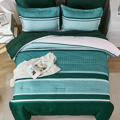 WONGS BEDDING 7 Pieces Comforter Set King Size, Green Striped Bed in a Bag Comforter and Sheet Set, Emerald Green Boho Soft Lightweight Micorfiber Bedding Set for All Season (90"×104")