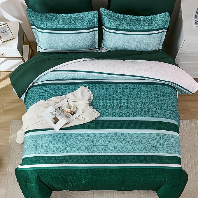WONGS BEDDING 7 Pieces Comforter Set Queen Size, Green Striped Bed in a Bag Comforter and Sheet Set, Emerald Green Boho Soft Lightweight Micorfiber Bedding Set for All Season (90"×90")