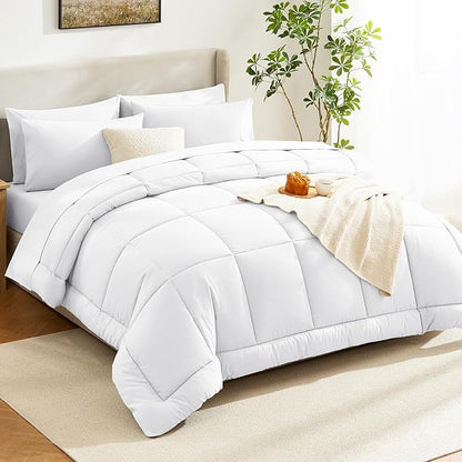 CozyLux Twin Comforter Set with Sheets White, 5 Pieces Bed in a Bag, White Comforter Twin Size, All Season Bedding Set with Stitch Quilted Comforter, Flat Sheet, Fitted Sheet, Pillowcases