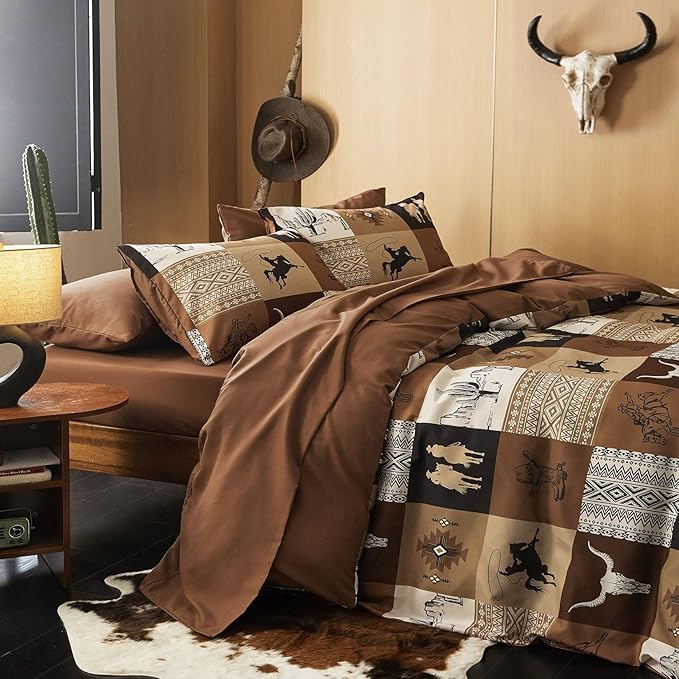 Wake In Cloud - Western Comforter Set, Southwestern Aztec Country Horse Cowboy Rustic Ranch Pattern Printed, Soft Lightweight Bedding, 3 Pieces, Tan Brown, King Size
