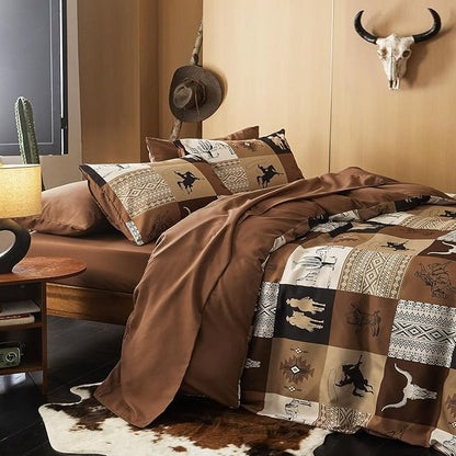 Wake In Cloud - Western Comforter Set, Southwestern Aztec Country Horse Cowboy Rustic Ranch Pattern Printed, Soft Lightweight Bedding, 3 Pieces, Tan Brown, Queen Size