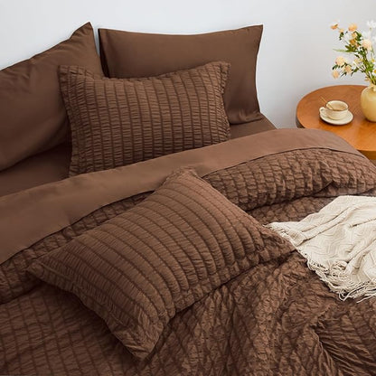 Love's cabin Seersucker Brown California King Comforter Set, 7-Piece All Season Lightweight Bed in a Bag Bedding Set with Comforter, Flat Sheet, Fitted Sheet, Pillowcases and Shams | Soft, Breathable, Lightweight