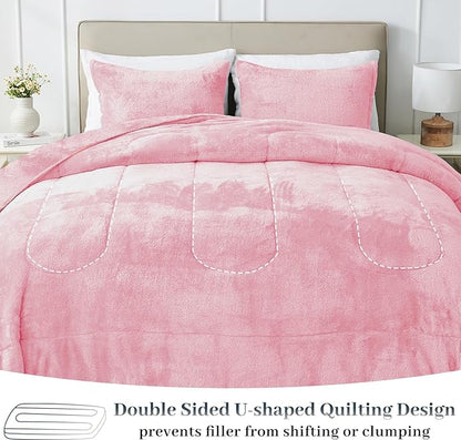 YIYEA Fluffy King Size Comforter Set, Luxury Faux Fur Comforter, Ultra Soft Plush Fuzzy Velvet Bedding Comforter Sets for Fall Winter, Cozy Warmth, No Shedding, 3PC, King, Pink