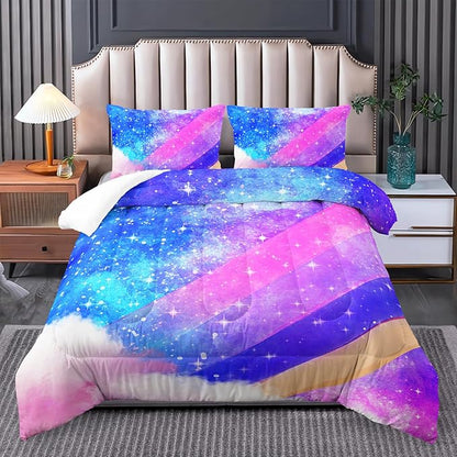 Rainbow Queen Size Comforter Set for Girls Kids Women,Colorful Galaxy Microfiber 3 Piece Bedding Set,All Season Down Alternative Bedding with Matching Sham(Violet Star),91x91 Inches