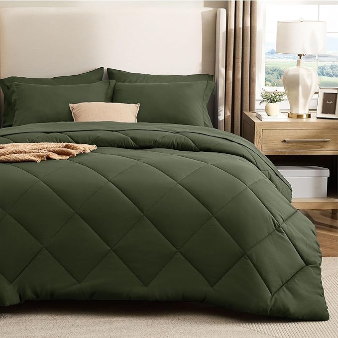 Bedsure 5 Pieces Twin Comforter Set Premium Series, Hotel Luxury Soft Bed in a Bag, Goose Down Alternative, Safe for Sensitive Skin Bedding Comforter All Season Medium Warmth, Olive Green Twin Size