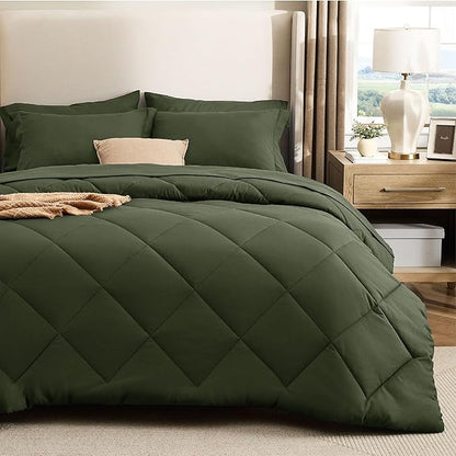 Bedsure 5 Pieces Twin Comforter Set Premium Series, Hotel Luxury Soft Bed in a Bag, Goose Down Alternative, Safe for Sensitive Skin Bedding Comforter All Season Medium Warmth, Olive Green Twin Size