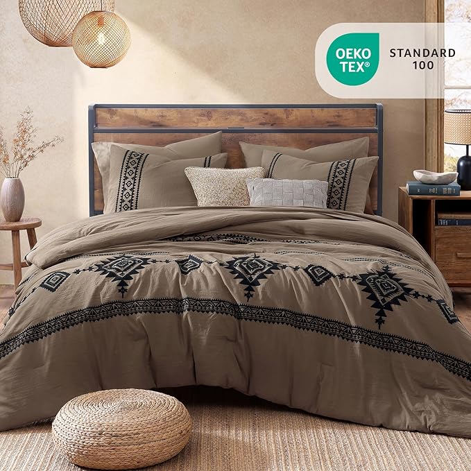 MaiRêve Embroidery Full Size Comforter Set Taupe Grey, Farmhouse Western Boho Bedding Set 7 Pieces, All Season Bed in A Bag Comforter Set with Sheets, Pillowcases & Shams