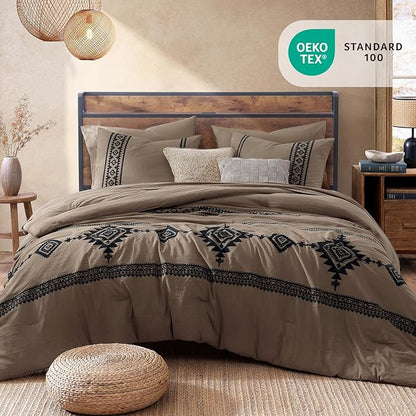 MaiRêve Embroidery Full Size Comforter Set Taupe Grey, Farmhouse Western Boho Bedding Set 7 Pieces, All Season Bed in A Bag Comforter Set with Sheets, Pillowcases & Shams