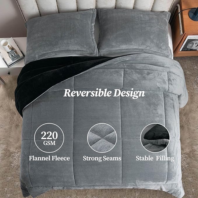 Petrichor Velvet Flannel King Comforter Set- Gray and Black Blanket,Luxury Fuzzy Heavy Bedding Set, 3 Pieces Plush Winter Bed Set with Comforter (90"x104") & 2 Pillow Shams (20"x36")