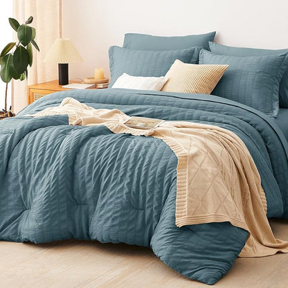 CozyLux Queen Comforter Set Mineral Blue Seersucker 7 Pieces Bed in a Bag Queen Comforter Set with Sheets, Luxury Bedding Set with Down Alternative Comforter, Sheets, Pillowcases & Shams All Seasons