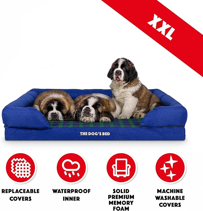 The Dog’s Bed Orthopedic Memory Foam Dog Bed with Bolsters, Oxford Fabric, Black Watch Tartan, XXL