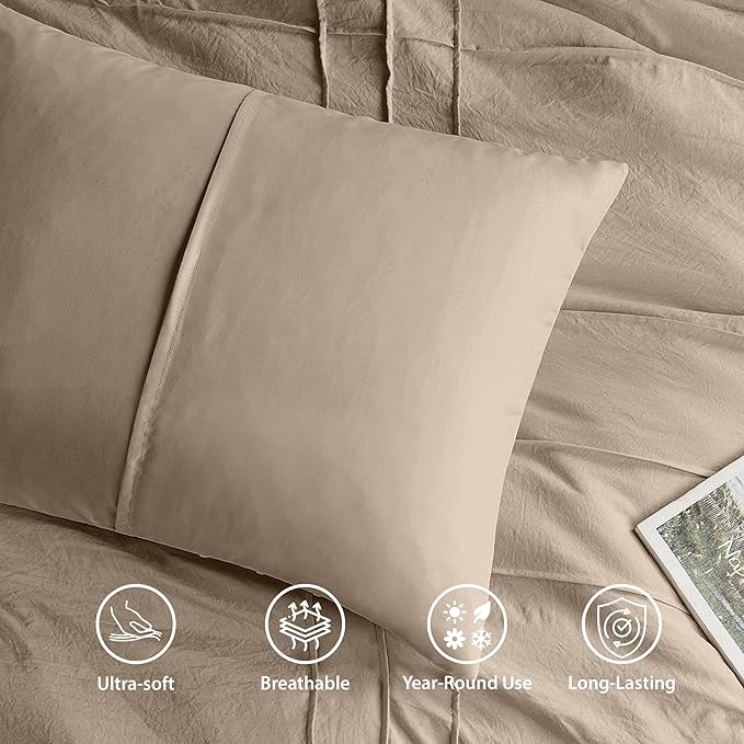 Twin Size Comforter Set Khaki, 2 Pieces Bedding Set, Ultra Soft Prewashed Bed Set, Pinch Pleat All Seasons Lightweight Comforter and Sham