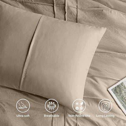 Twin Size Comforter Set Khaki, 2 Pieces Bedding Set, Ultra Soft Prewashed Bed Set, Pinch Pleat All Seasons Lightweight Comforter and Sham