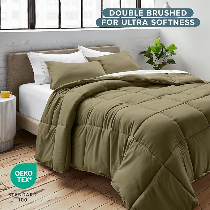 Bare Home Comforter Set - Queen Size - Ultra-Soft - Goose Down Alternative - Premium 1800 Series - All Season Warmth (Queen, Olive)