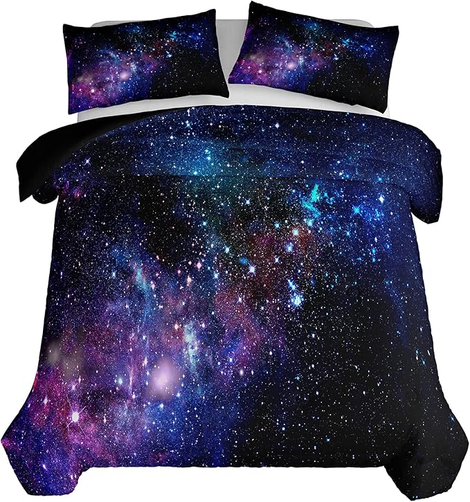 Tailor Shop Galaxy Comforter Set Universe Outer Space Blue and Purple Starry Sky Night Pattern Bedding Set for Girls Boys Kids King Size with 1 Comforter 2 Pillowcases……