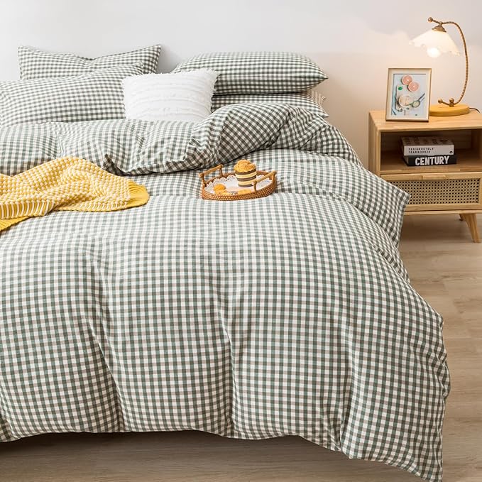mixinni Green Gingham Comforter Set California King, Plaid Comforter Set 3 Pieces 1 Green Grid Comfoter with 2 Pillow Cases for All Seasons, Soft Fluffy Modern Grid Pattern Printed Bedding