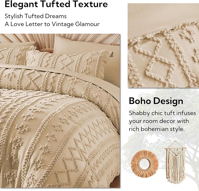 MR&HM Khaki Boho Comforter Set Queen, Tufted Boho Bedding Set, Farmhouse Shabby Chic Bed in a Bag with 1 Comforter, 2 Pillow Shams, 2 Pillowcases, 1 Flat Sheet, 1 Fitted Sheet for All Seasons