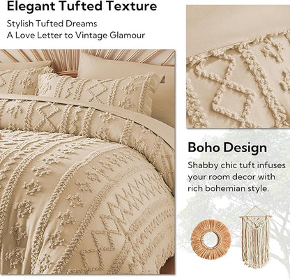 MR&HM Khaki Boho Comforter Set Queen, Tufted Boho Bedding Set, Farmhouse Shabby Chic Bed in a Bag with 1 Comforter, 2 Pillow Shams, 2 Pillowcases, 1 Flat Sheet, 1 Fitted Sheet for All Seasons