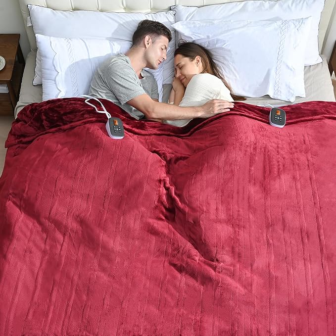 Heated Electric Blankets - Soft Flannel Heating Throw Electric Blanket Queen Size 84" × 90" Red - Velvet & Velvet
