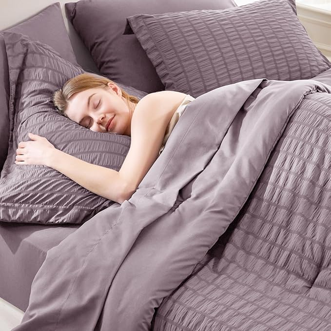 CozyLux King Size Comforter Set Dusty Purple Seersucker 7 Pieces Bed in a Bag King Comforter Set with Sheets, Luxury Bedding Set with Down Alternative Comforter, Sheets, Pillowcases & Shams All Season