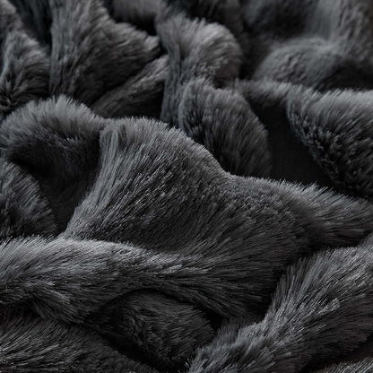 Queen Faux Rabbit Fur Comforter Set - 3 Pieces Fluffy Bedding Set Ultra Soft Warm Shaggy Winter Flannel Bed Set, Luxury Skin Friendly Sherpa Comforter Set & 2 Pillow Shams for Thanksgiving Dark Gray