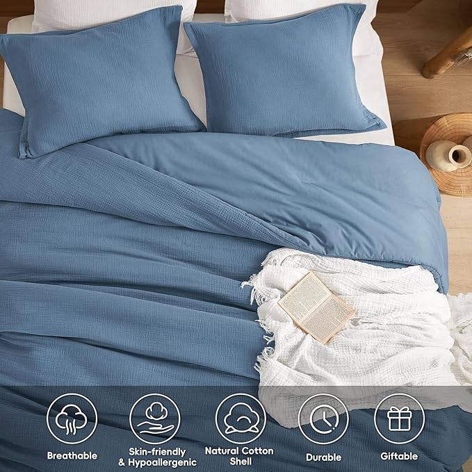 PHF Cotton Muslin Comforter Set Queen Size, Ultra Soft, Breathable & Lightweight All-Season, Filling: 100% Polyester, 3 Pieces with 1 Comforter 90"x90" and 2 Pillow Shams 20"x26", Captain's Blue