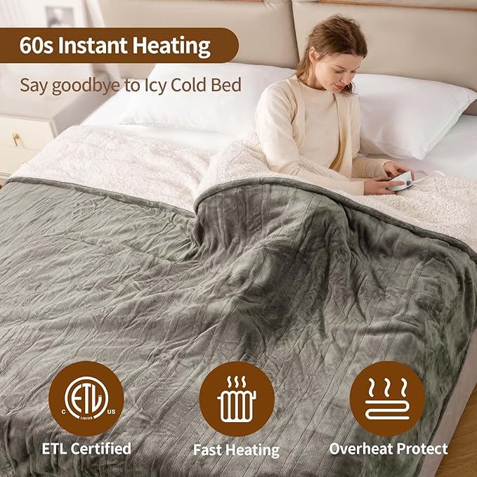 Bearhug Electric Heated Blanket Heating Blanket Queen Size 84"x 90" Warm Throw Gift Dual Controllers Velvet & Sherpa, 10 Levels & 0.5-12H Auto Off, Over-Heat Protect, ETL, Machine Washable
