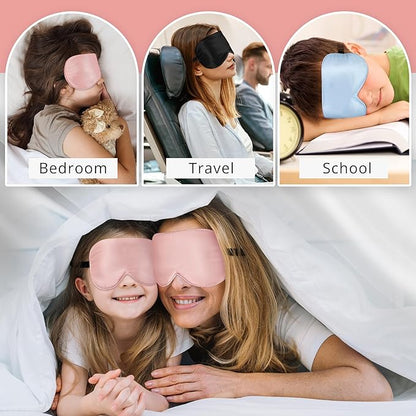 Silk Sleep Mask Eye Cover, 100% Real Natural Eye Mask for Sleeping with Adjustable Strap, 100% Silk Filling Blindfold, sleepmask for Kids/Teens/Adults, Sleeping Masks for Family (2 Pink)