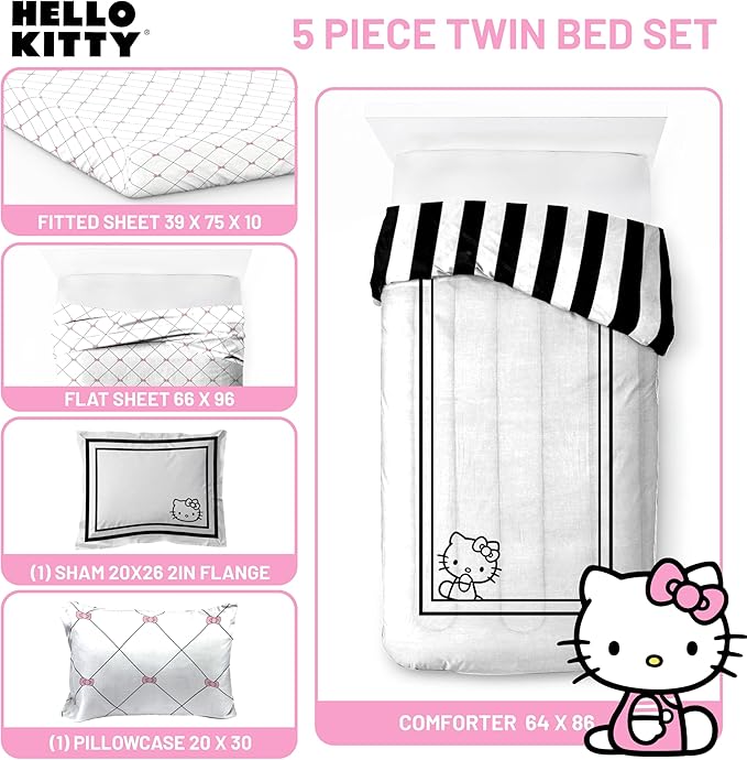 Jay Franco Comforter Set Includes Sheets and Pillow Covers - Soft and Cozy Bed Set for Stylish Room Decor, White - Hello Kity 5 Piece Twin Size Bedding