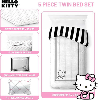 Jay Franco Comforter Set Includes Sheets and Pillow Covers - Soft and Cozy Bed Set for Stylish Room Decor, White - Hello Kity 5 Piece Twin Size Bedding