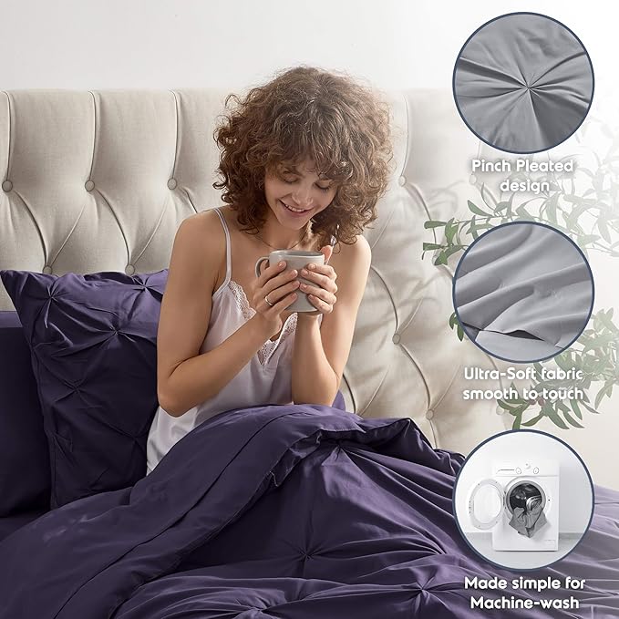 Nestl Twin Comforter Set 5 Piece - Pintuck Twin Bedding Sets Purple, College Dorm Room Essentials for Girls and Boys Bed in a Bag Twin All Season, Twin Comforter Set with Sheets, Pillowcase and Sham