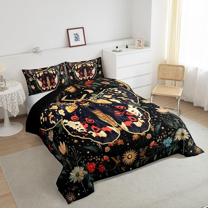 Erosebridal Halloween Boho Moth Bedding Set Twin, Gothic Nature Comforter Set Boho Exotic Vintage Floral Black Comforter for Kids Teens Youth Women Men Bedroom, Starry Sky Quilt with 1 Pillow Case