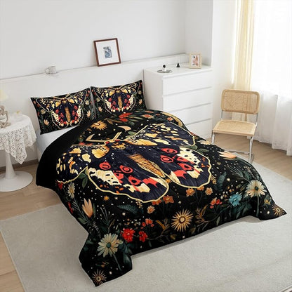 Erosebridal Halloween Boho Moth Bedding Set Twin, Gothic Nature Comforter Set Boho Exotic Vintage Floral Black Comforter for Kids Teens Youth Women Men Bedroom, Starry Sky Quilt with 1 Pillow Case