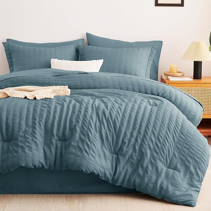 CozyLux King Size Comforter Set Mineral Blue Seersucker 7 Pieces Bed in a Bag King Comforter Set with Sheets, Luxury Bedding Set with Down Alternative Comforter, Sheets, Pillowcases & Shams All Season